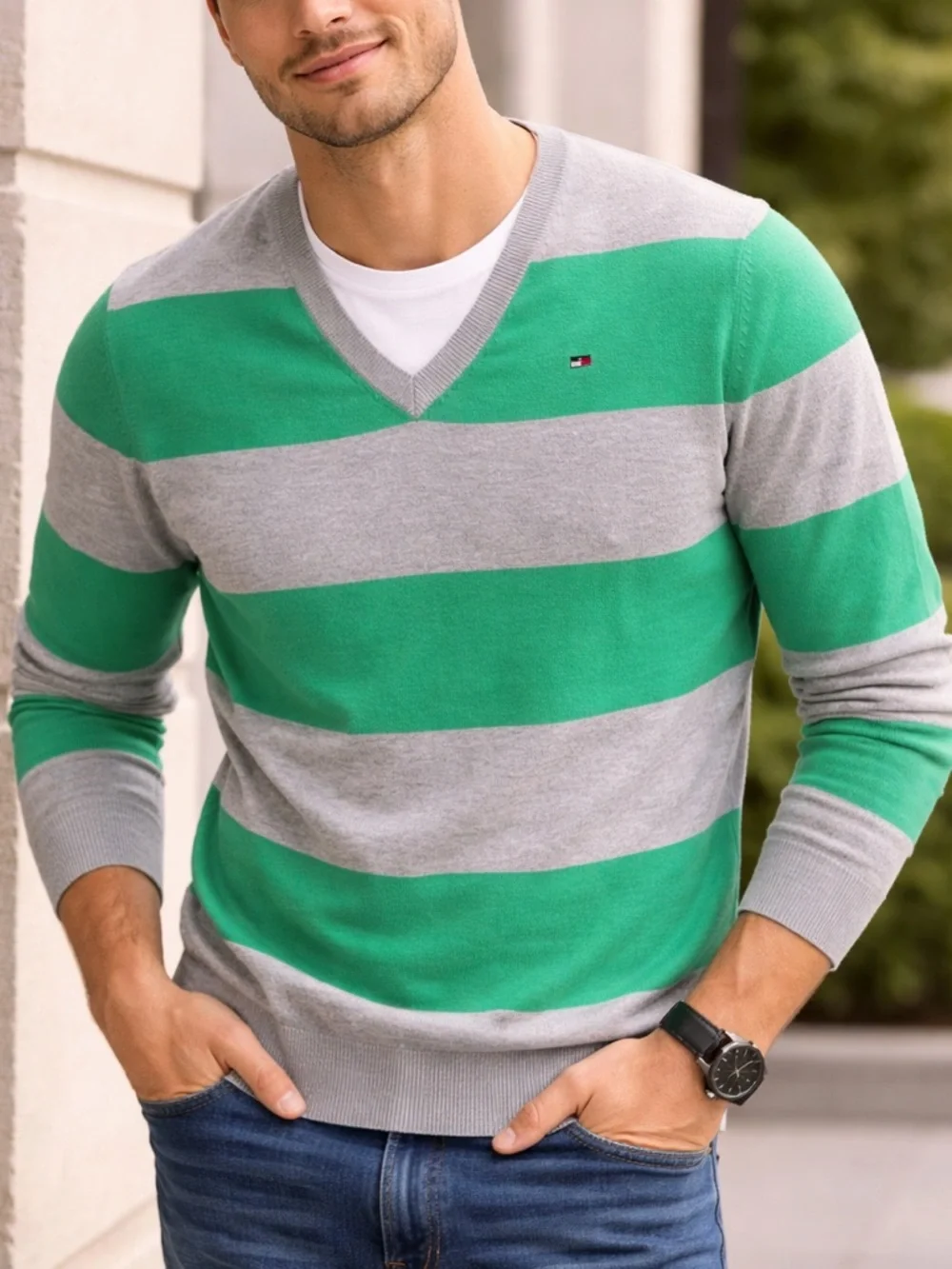 Tommy Hilfiger Striped V-Neck Cotton Sweater – Green & Gray – Men’s Size S/P